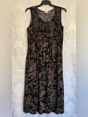 Croft & Barrow Black & Brown Floral Scoop Neck Shirred Swing Dress Size 1X GUC
